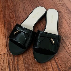 Prada black patent leather bow slide sandals